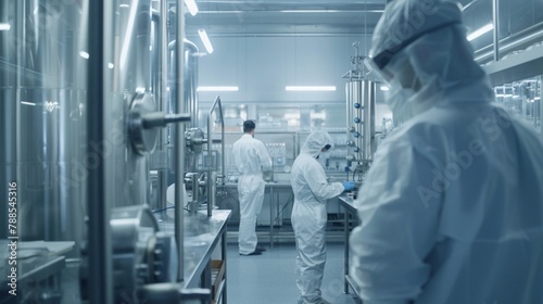 A cinematic shot of workers in a biopharmaceutical manufacturing facility, with bioreactors and fermentation tanks producing therapeutic proteins.