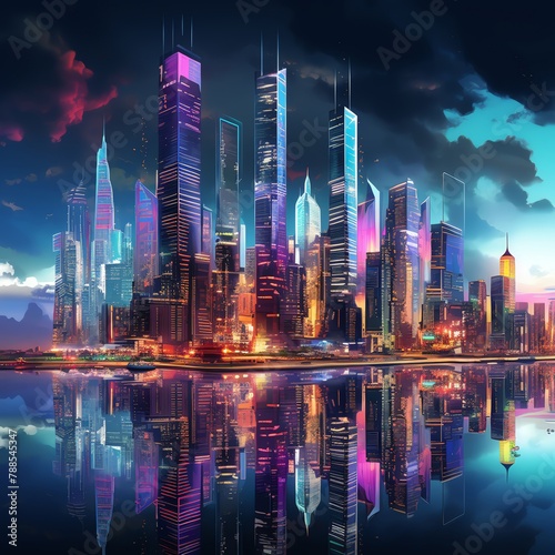 Capture a dynamic cityscape with twisting, metallic skyscrapers blending into a neon-drenched skyline using photorealistic digital rendering techniques