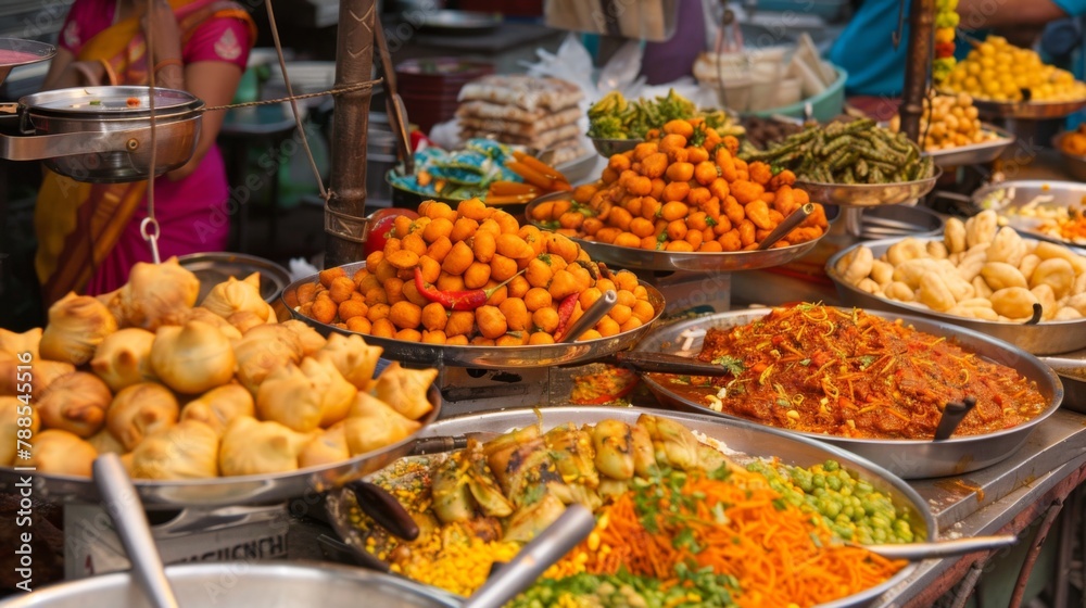 A colorful array of street food vendors selling savory samosas, crispy bhajis, and spicy chaat snacks, bustling with activity and vibrant energy in a bustling Indian market.