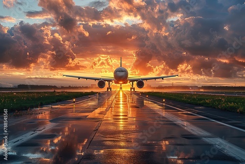 Airplane on the runway against the sunset sky, beautiful clouds and wet asphalt. Scene of a plane landing on wet asphalt. Landscape with an airplane. Charming atmosphere. Travel and adventure concept photo