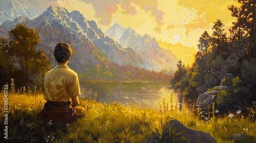 Oil Painting of landscape rivers lakes and mountains people   