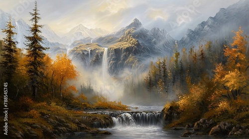Oil Painting of landscape rivers lakes and mountains people   