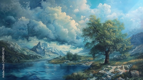 Oil Painting of landscape rivers lakes and mountains people   
