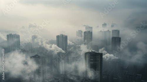 A desolate urban landscape obscured by thick clouds of cigarette smoke, illustrating the pervasive nature of smoking-related air pollution in cities. #788546938
