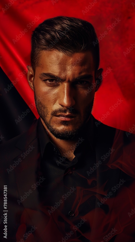 A portrait of a handsome Albanian man highlighted by the vibrant colors of the Albanian flag. Naturally beautiful Albanian man with a feeling of national pride. A portrait of a handsome Albanian man highlighted by the vibrant colors of the Albanian flag. Naturally beautiful Albanian man with a feeling of national pride.
