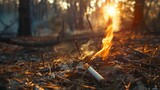 A dramatic image of a cigarette igniting a wildfire in a dry forest, illustrating the environmental devastation and dangers of careless smoking behavior.