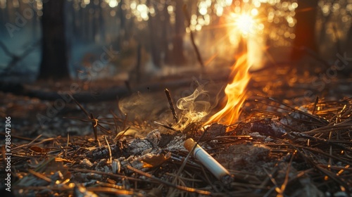 A dramatic image of a cigarette igniting a wildfire in a dry forest, illustrating the environmental devastation and dangers of careless smoking behavior. photo