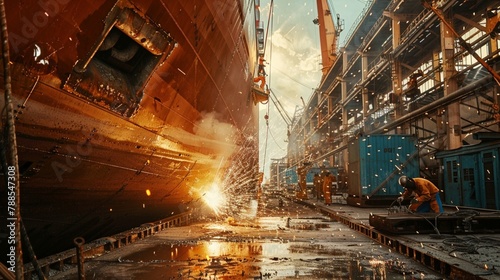 A close-up of precision welding in a shipyard, with welders joining metal plates to construct ships and vessels. photo