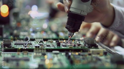 A close-up of workers assembling intricate electronic components in a high-tech electronics manufacturing facility, with soldering irons and microscopes at work.