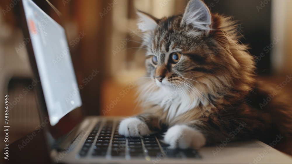 A fluffy cat perched on a laptop keyboard, watching intently as its owner works, blending technology with feline curiosity. A fluffy cat perched on a laptop keyboard, watching intently as its owner works, blending technology with feline curiosity.
