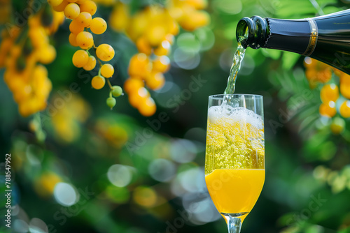 Mimosa or Champagne Orange Cocktail. Champagne pouring into flute with vineyard backdrop, ideal for celebrations.