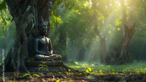 Buddha statue meditating near big tree.