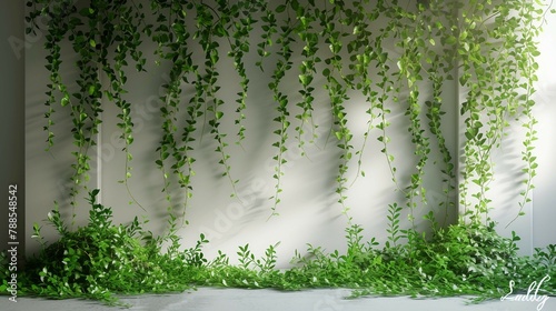 Photo booth with cascading greenery on white wall. AI generate illustration © PandaStockArt