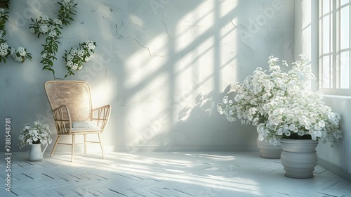 Photo booth featuring delicate feather accents, positioned against a pristine white wall. AI generate illustration photo