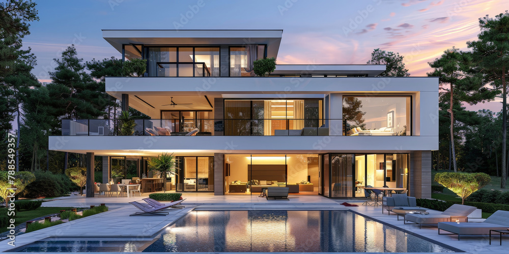 Modern house with swimming pool and terrace in the style of white modern architecture. Exterior of modern villa