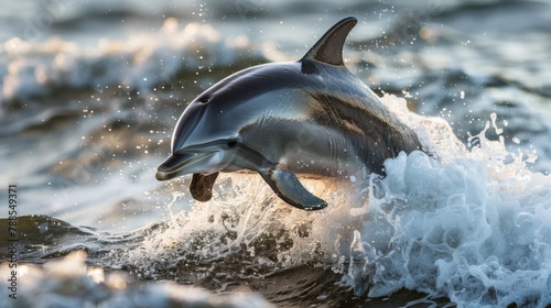 A lone dolphin leaping out of the water in a playful arc, its sleek body catching the sunlight as it dances through the waves with joyous abandon. © Plaifah