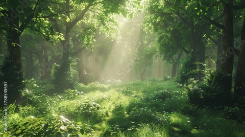 A lush green forest with sunlight filtering through the trees, showcasing the beauty and tranquility of untouched natural environments. © Plaifah