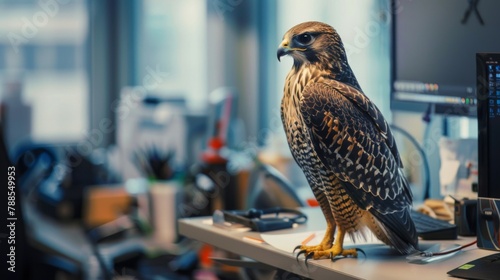 A majestic bird of prey perched on the edge of a computer desk, its sharp eyes scanning the screen with a regal air of curiosity. photo
