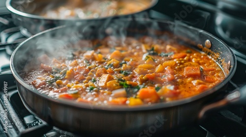 A close-up shot of a bubbling pot of vegetable curry simmering on the stove, filling the kitchen with the aroma of spices and coconut milk.