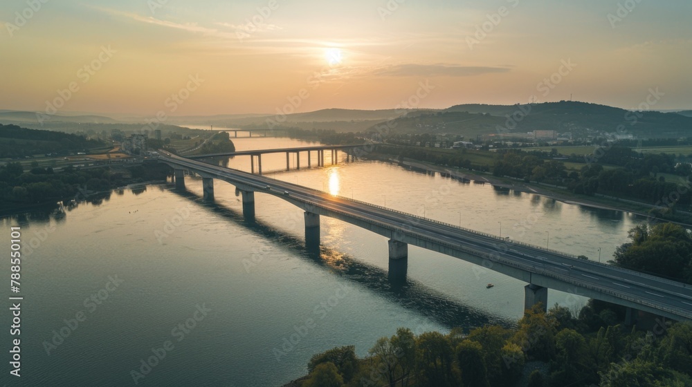 A majestic bridge spanning across a wide river, connecting two shores and symbolizing unity, progress, and human ingenuity.