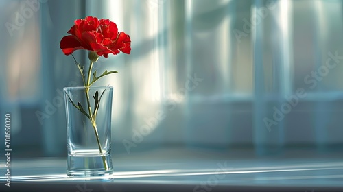 A single red carnation stands elegantly behind the transparent glass photo