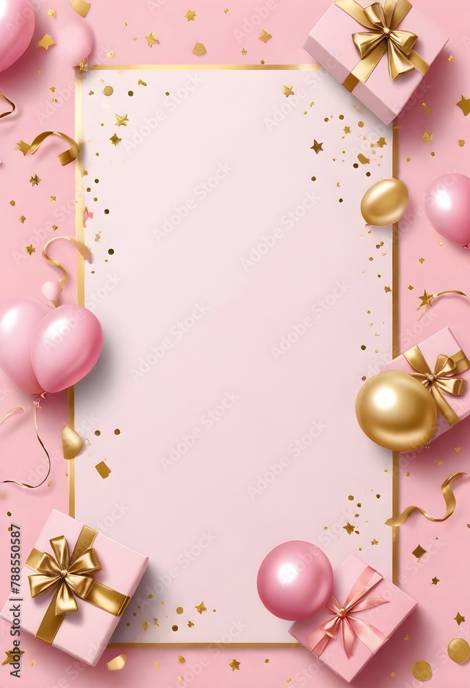 Pastel pink birthday-themed background with golden and pink balloons, gift boxes with golden bows, and golden star confetti arranged around a blank central space for text