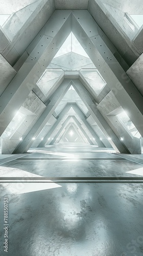 A Vertical View Of The Exhibition Hallway With Interlocking Triangles Ceiling That Span The Prominent Interior. 