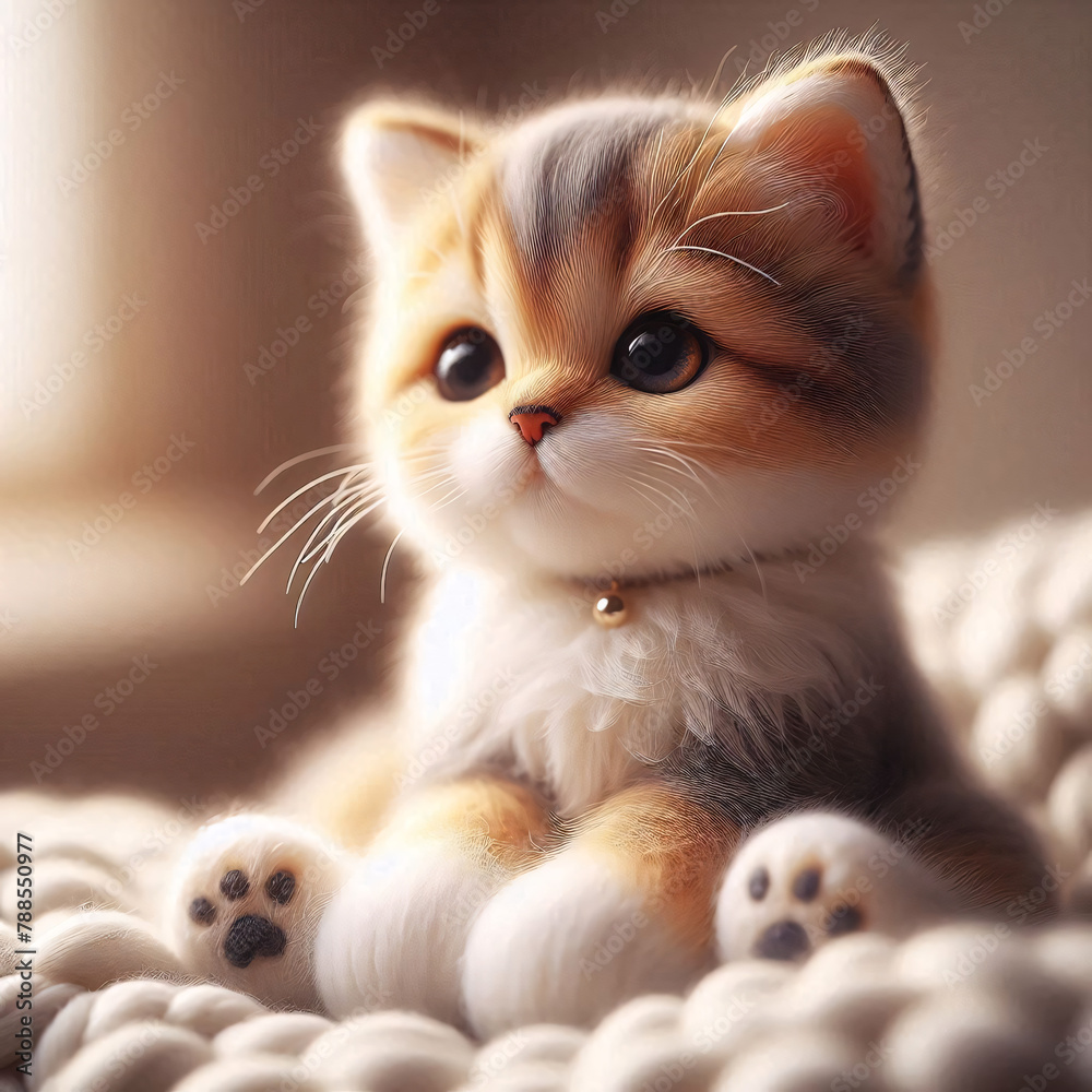 Obraz premium Adorable Kitten on Soft Sofa: Close-Up Capture (Generated with AI)