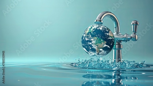 Vector illustration of water tap with the Earth globe inside water drop on blue background photo