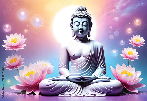 a buddha statue with flowers and a sun behind him