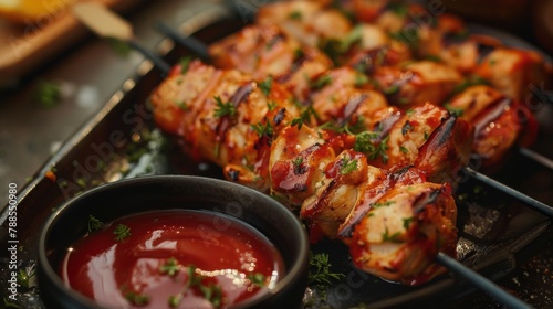 A pair of succulent grilled chicken skewers served with a zesty dipping sauce, tempting the viewer with the irresistible aroma of barbecue.