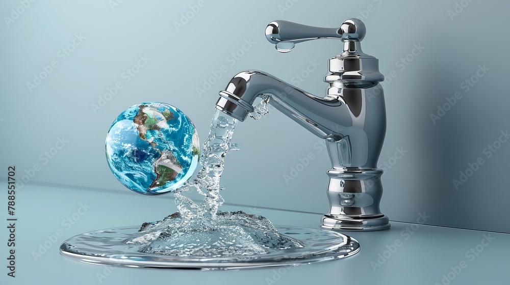 Vector illustration of water tap with the Earth globe inside water drop on blue background Vector illustration of water tap with the Earth globe inside water drop on blue background