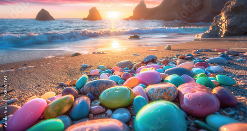 A beach with colorful glass pebbles, glowing and shining in the sunlight. The colors of these stones range from pink to blue, green, yellow, orange, red, purple, white, and black