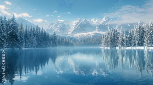 beautiful landscape of a lake with a forested area full of snow and mountains in high resolution and high quality HD