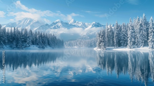 Beautiful landscape of a lake with a forested area full of snow and mountains in high resolution and high quality. winter concept