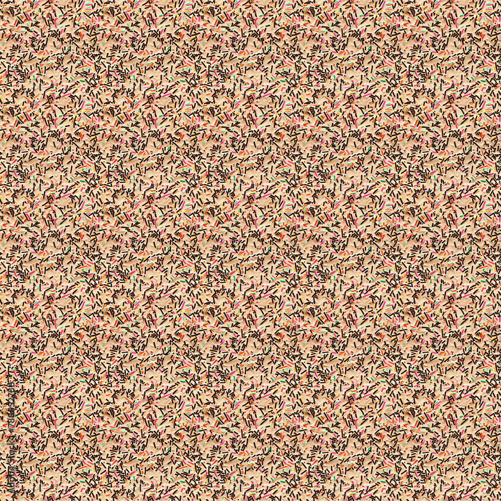 chocolate sprinkles on a light brown coffee icing background, repeatable seamless background tile
