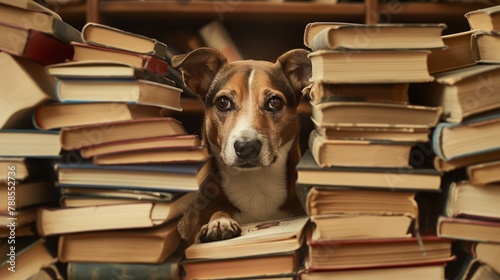 A charming and intelligent canine enjoying a cozy afternoon in the library surrounded by stacks of books, showcasing the pet's love for reading, learning, and literature © Татьяна Евдокимова