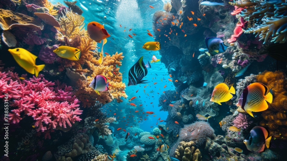 Fototapeta premium A serene underwater scene of colorful tropical fish darting among intricate coral formations, creating a vibrant tapestry of life beneath the waves.