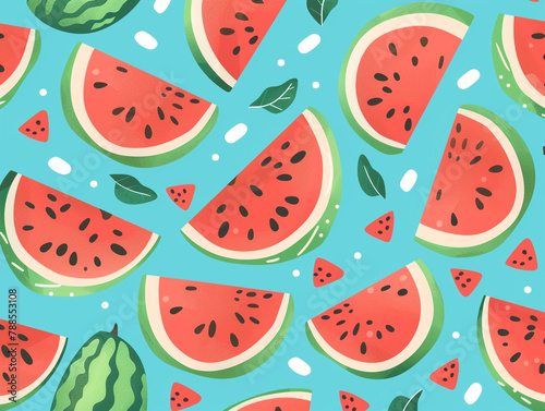 Watermelon seamless pattern and illustration. Flat design, simple shape and pastel colors.