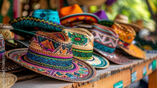 Close-up of a beautifully embroidered Mexican sombreros with vibrant threads and patterns, placed against a festive. showcasing Mexican hat craftsmanship
