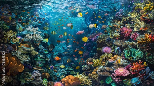 A serene underwater scene of colorful tropical fish darting among intricate coral formations  creating a vibrant tapestry of life beneath the waves.