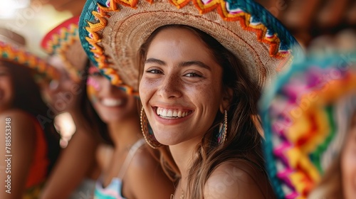 Laughing group of young adults in sombreros, celebrating friendship and Cinco de Mayo festive times © saichon