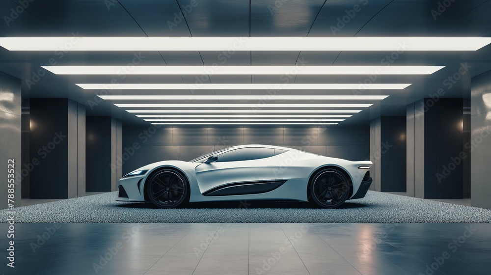 An Electric Sports Car Parked In A Well-Lit Garage. An Electric Sports Car Parked In A Well-Lit Garage.