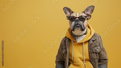 Portrait of a stylish anthropomorphic dog wearing sunglasses and a casual jacket against a yellow background