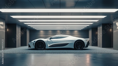 An Electric Sports Car Parked In A Well-Lit Garage.
