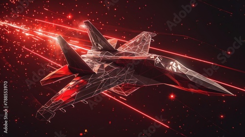 Fighter jet plane taking off, from futuristic polygonal red lines and glowing stars for banner, poster, greeting card. AI generated