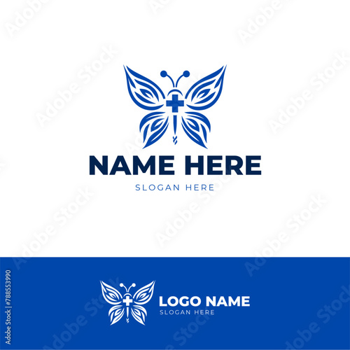 Health care butterfly logo symbolizing transformation and healing, with elegant wings and a subtle nod to the medical cross integrated into the design