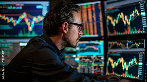 A trader analyzing stock charts and financial data on multiple computer screens, illustrating the intensity and focus of professional stock trading.