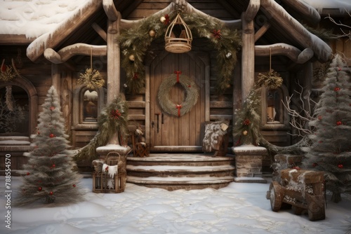 Welcoming Rustic christmas entrance background. Home decor. Generate Ai
