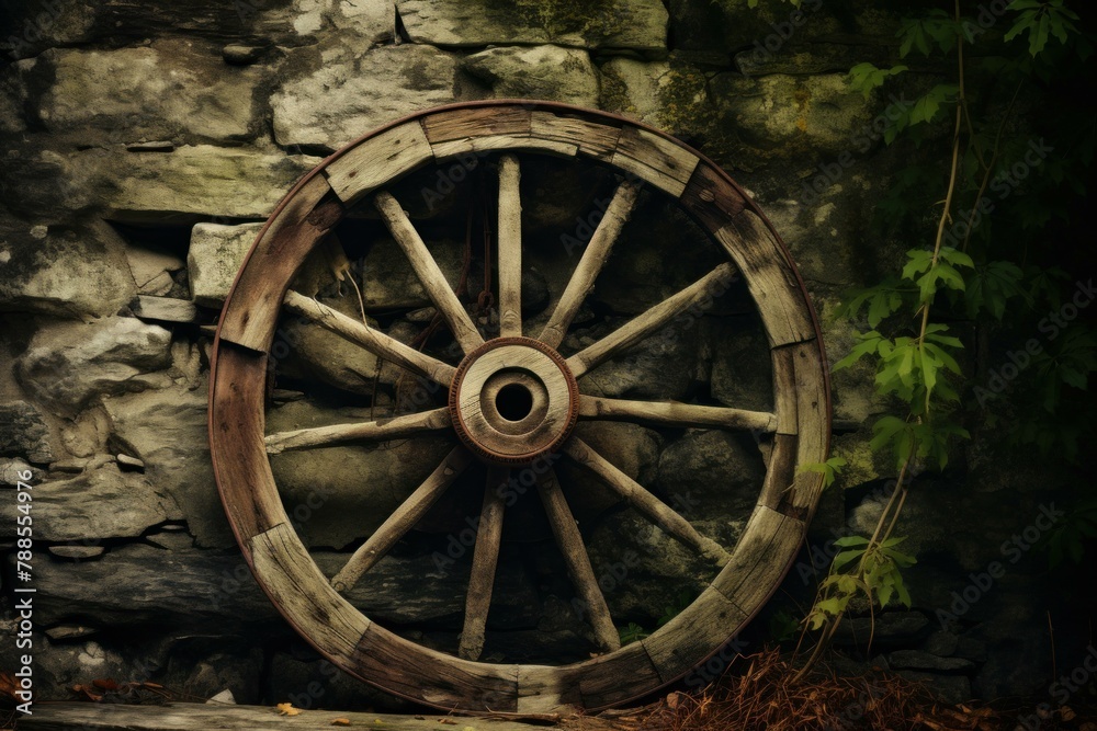 Tranquil Rustic old wheel scene. Rustic wooden wooden cart. Generate Ai